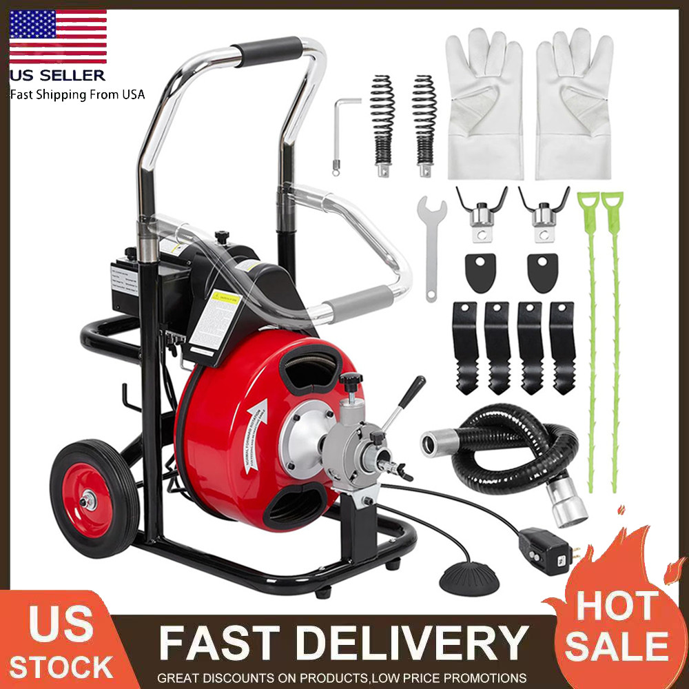 100Ft x3/8'' Drain Cleaner Electric Sewer Snake Cleaning Machine Auger Auto Feed