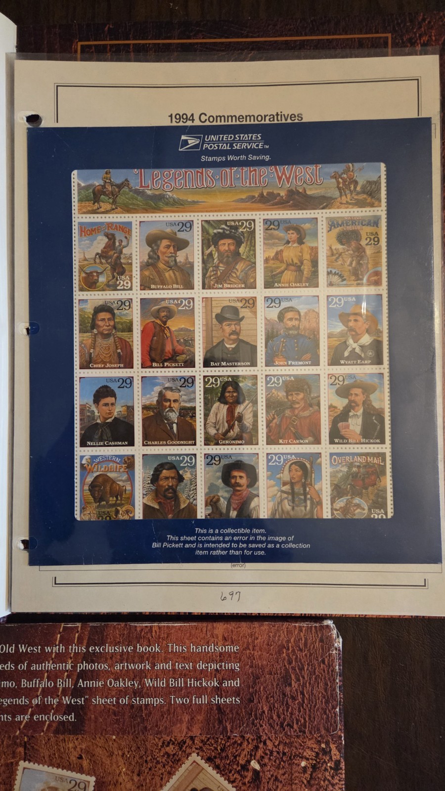 United States Sc# 2870 Legends of the West Recalled Error Sheet Mint MNH + BOOK