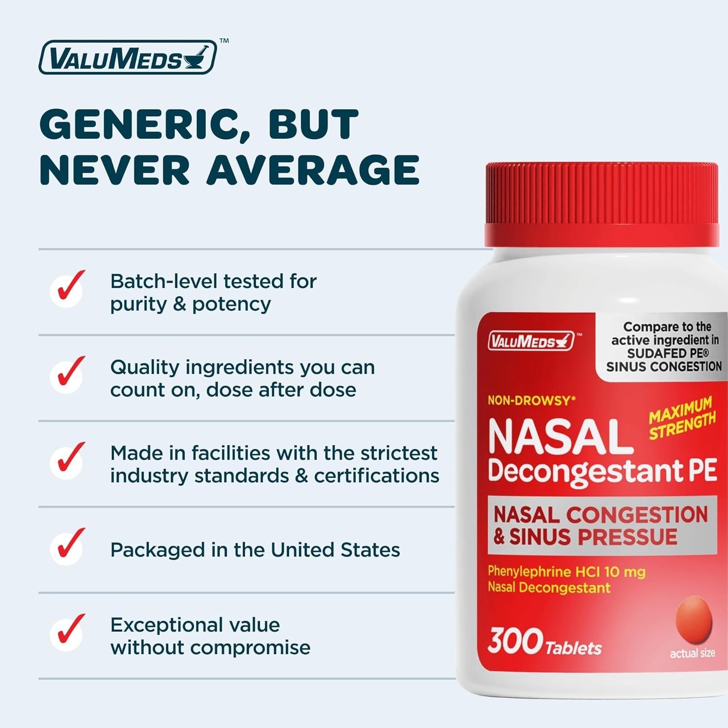 Nasal Decongestant PE Phenylephrine Hcl 10Mg Tablets (Bulk 300 Count) Non-Drowsy