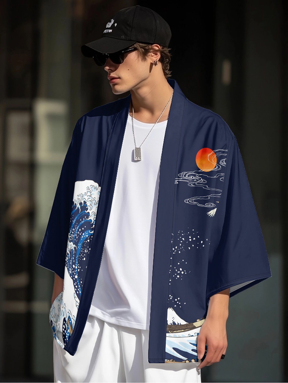 Niepce Japanese Graphic Kimono Cardigan Shirt with Lightweight Streetwear Shorts