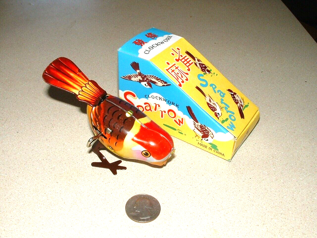 VINTAGE CLOCKWORK WIND-UP HOPPING SPARROW TOY NEW IN BOX & WORKING-PARTY FAVOR