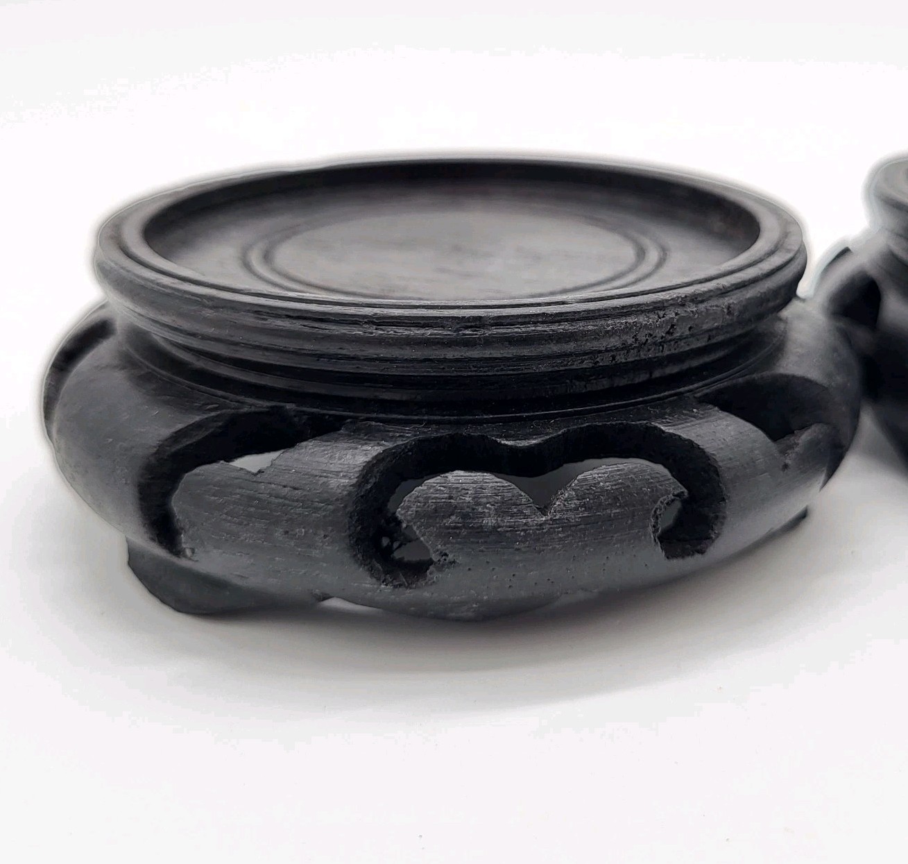 2 Vtg Chinese Carved Black Wood Bowl Pot Vase Display Stands Base Ornate WOCO