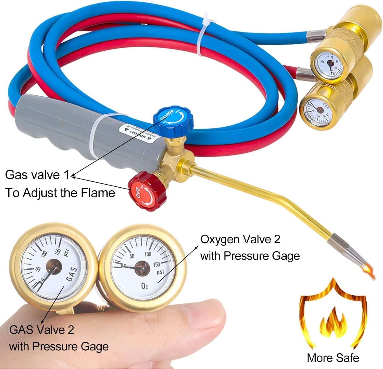 Oxygen MAPP Torch Kit W/ Pressure Meter W/ Tank Support, Glasses And Flint Spark