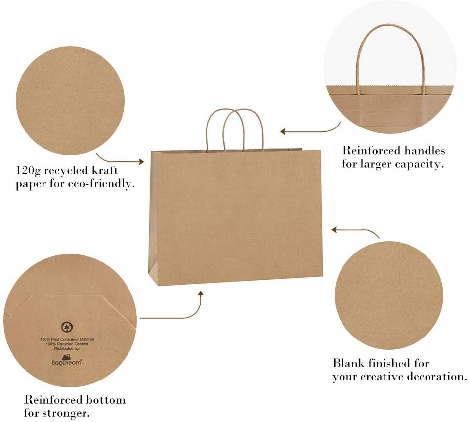 Paper Shopping Bags 25 Natural Kraft 16" x 6 x 12" Retail Merchandise Handles