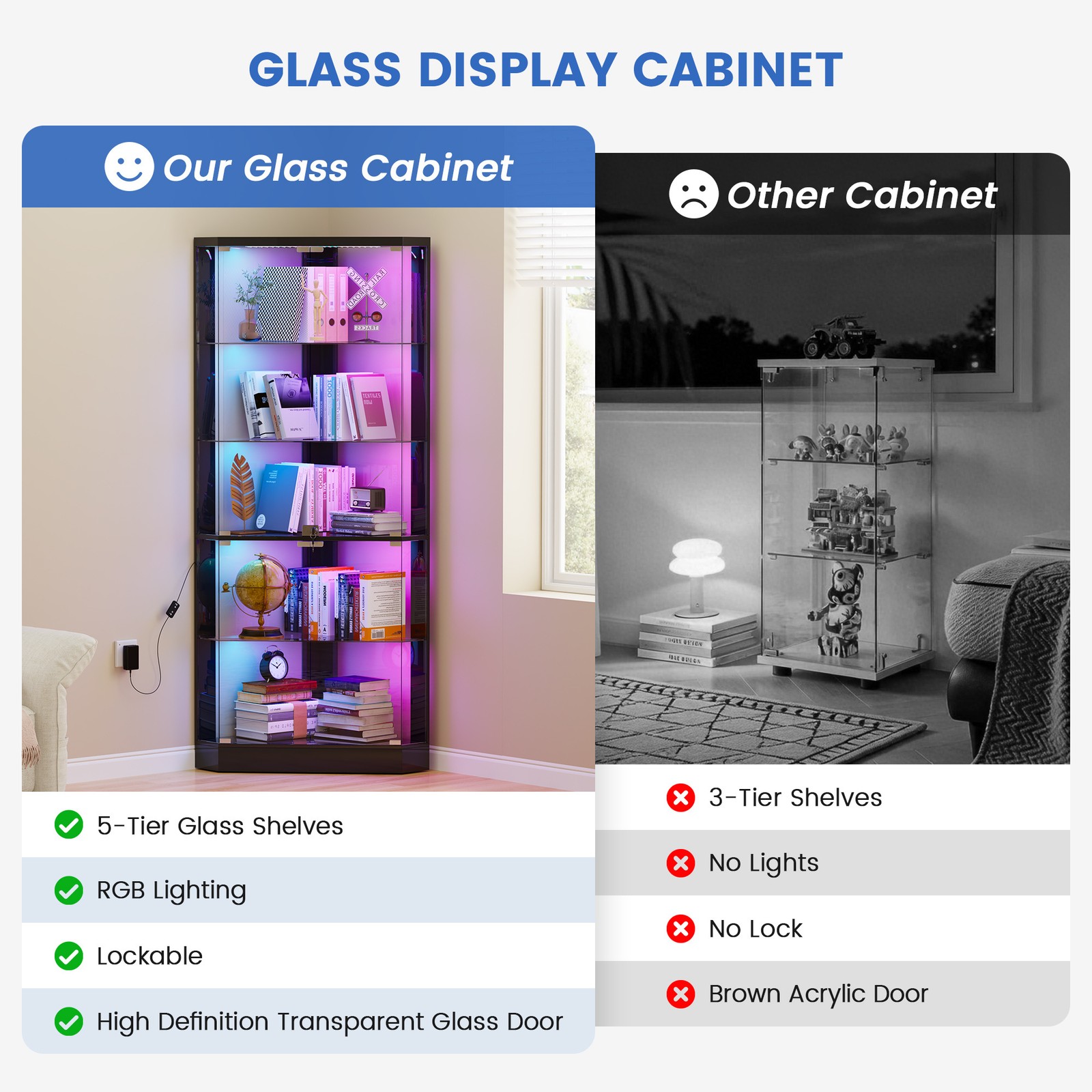 Black Curio Cabinets with RGB Lights, 69" Tall Display Cases for Collectibles