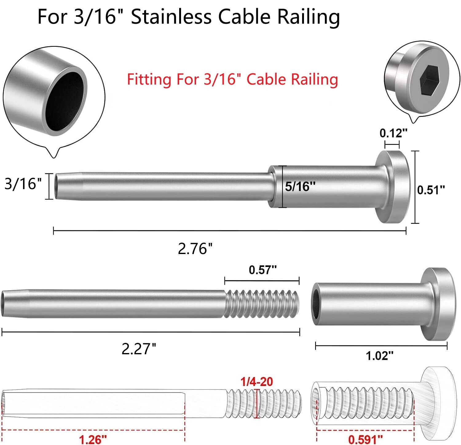 Lot T316 3/16" Stainless Steel Swage Threaded Invisible Tensioner Cable Railing