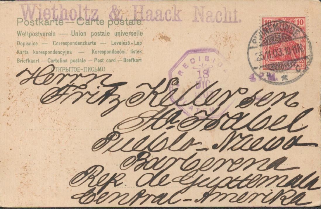 1907 German Illustrated New Year Postcard – Swinemünde to Guatemala Postcard