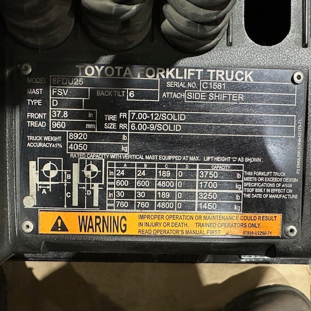 2021 Toyota 8FDU25 5000lb Used Diesel Forklift Triple Mast Sideshift 6243 Hours