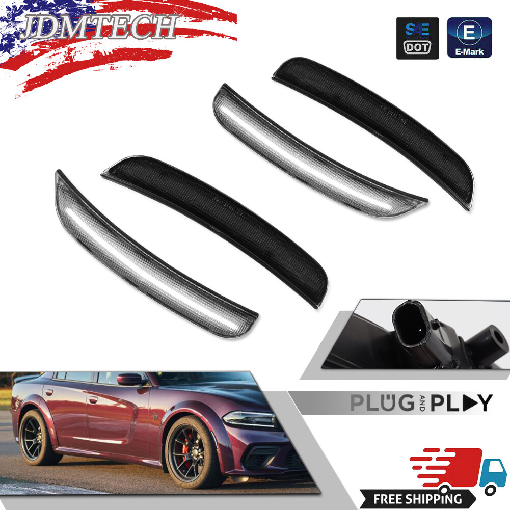 For 2015-2022 Dodge Charger Front & Rear LED Side Bumper Marker Smoked White LED