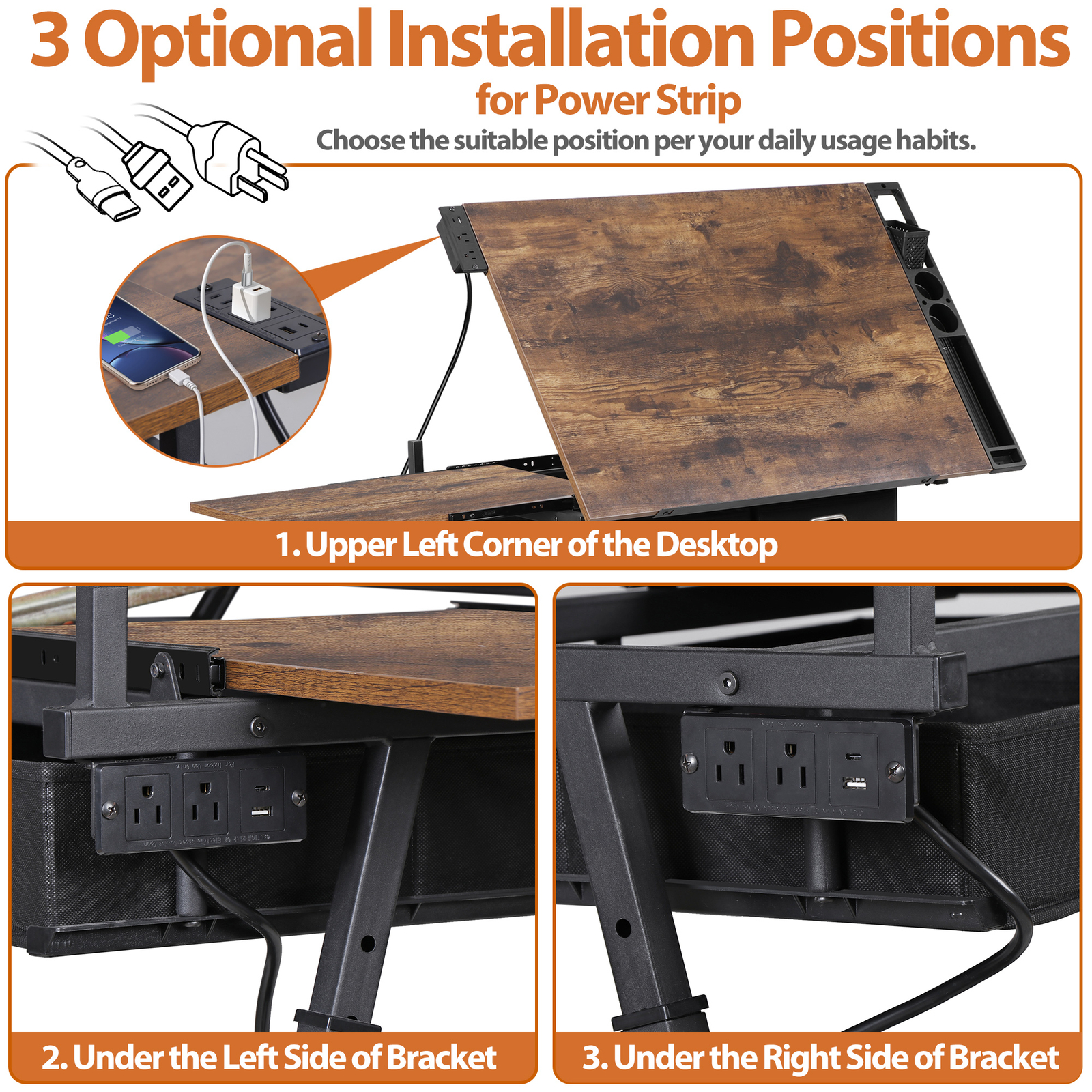 Drafting Table Drawing Desk Adjustable Tabletop w/Charging Station & Stool Retro