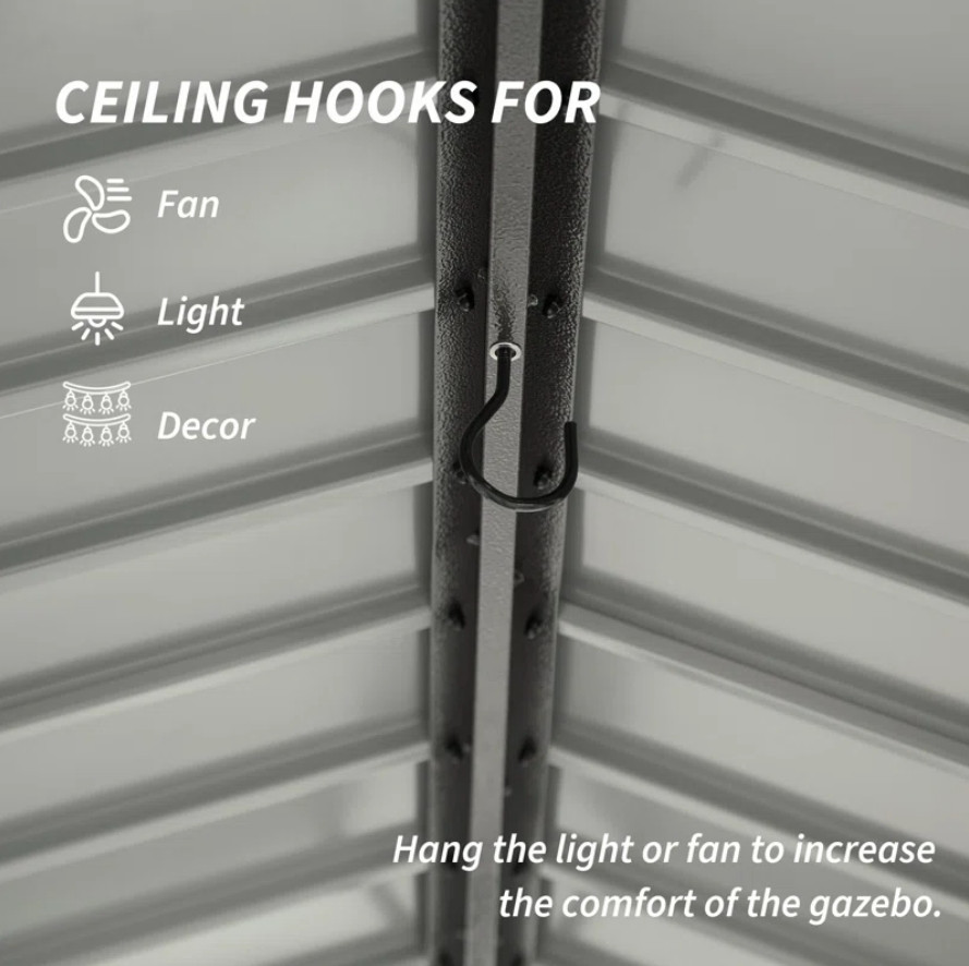 Domi Hardtop Double Roof Grill Gazebo 8x5FT w/Galvanized Steel,Side Shelves,Grey