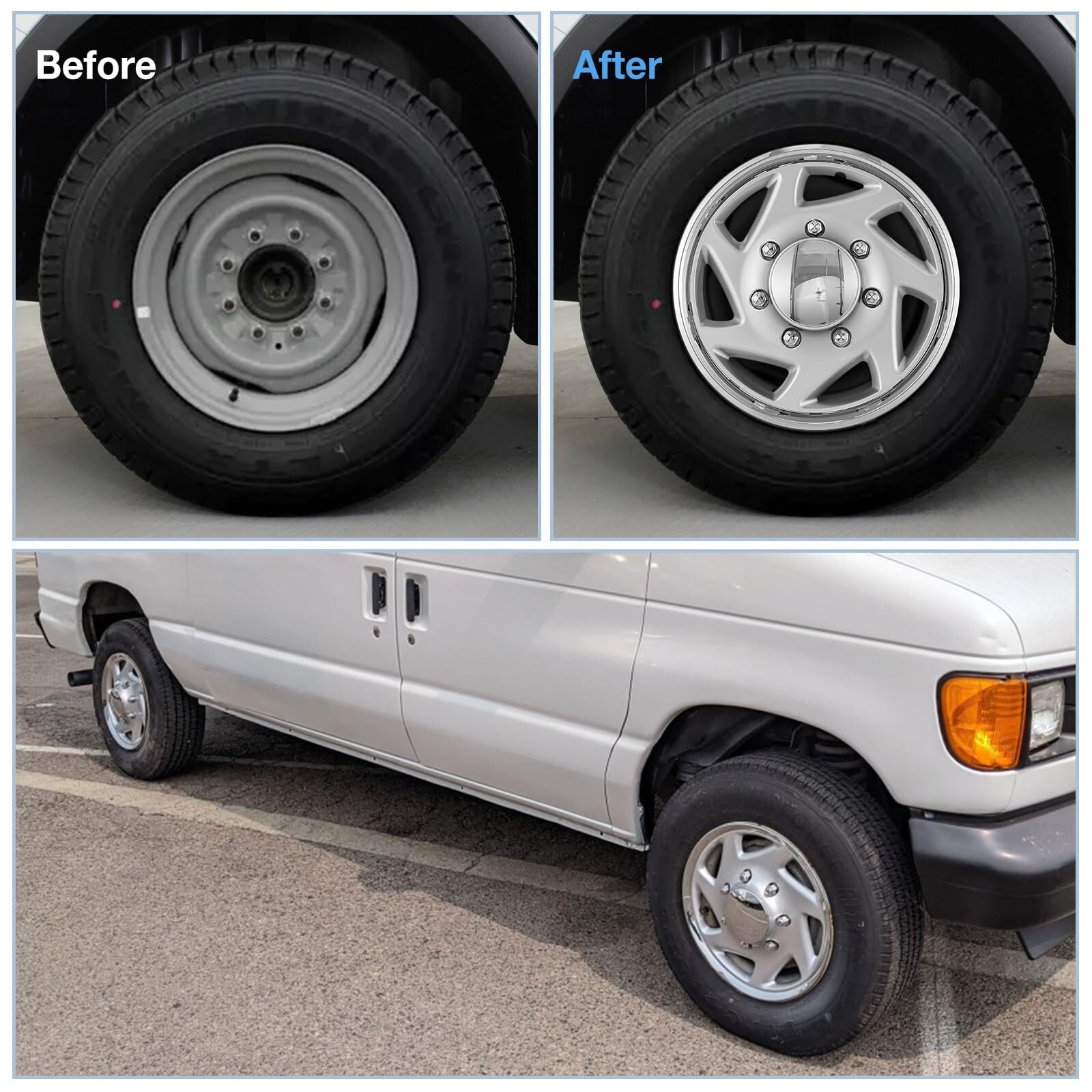 Wheels Hubcaps for 1992-2014 Ford E150 E250 E350 Van; Silver Chrome wheel covers