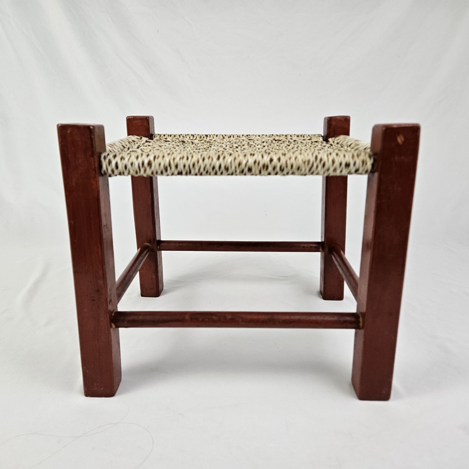 Vintage MCM Mission Footstool Stool Weaved Rope Macrame Top Arts & Crafts