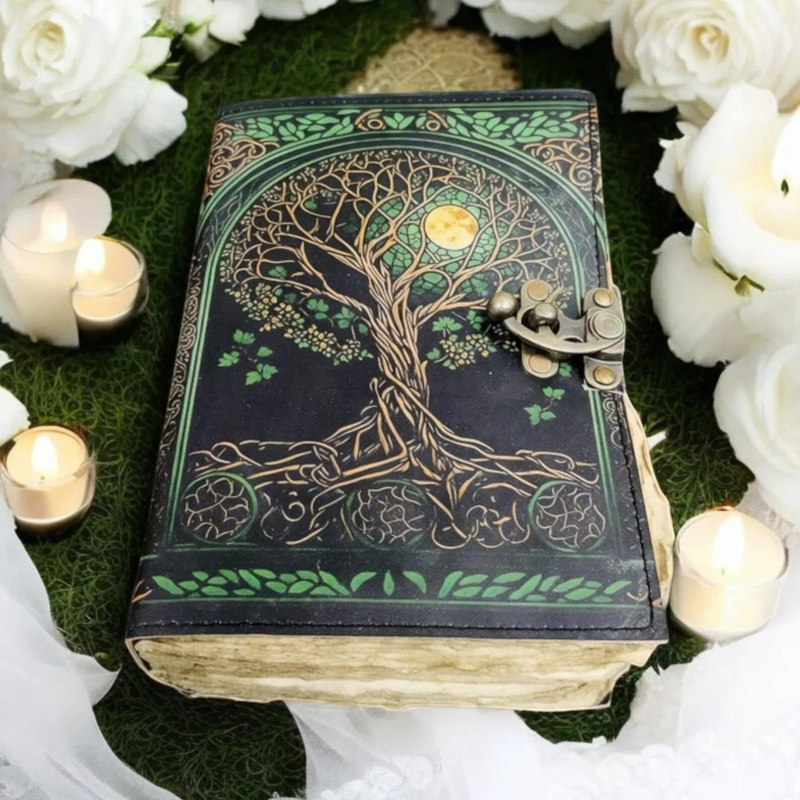 400 Page Large Grimoire Vintage leather journal, Tree of Life Fat Journal.