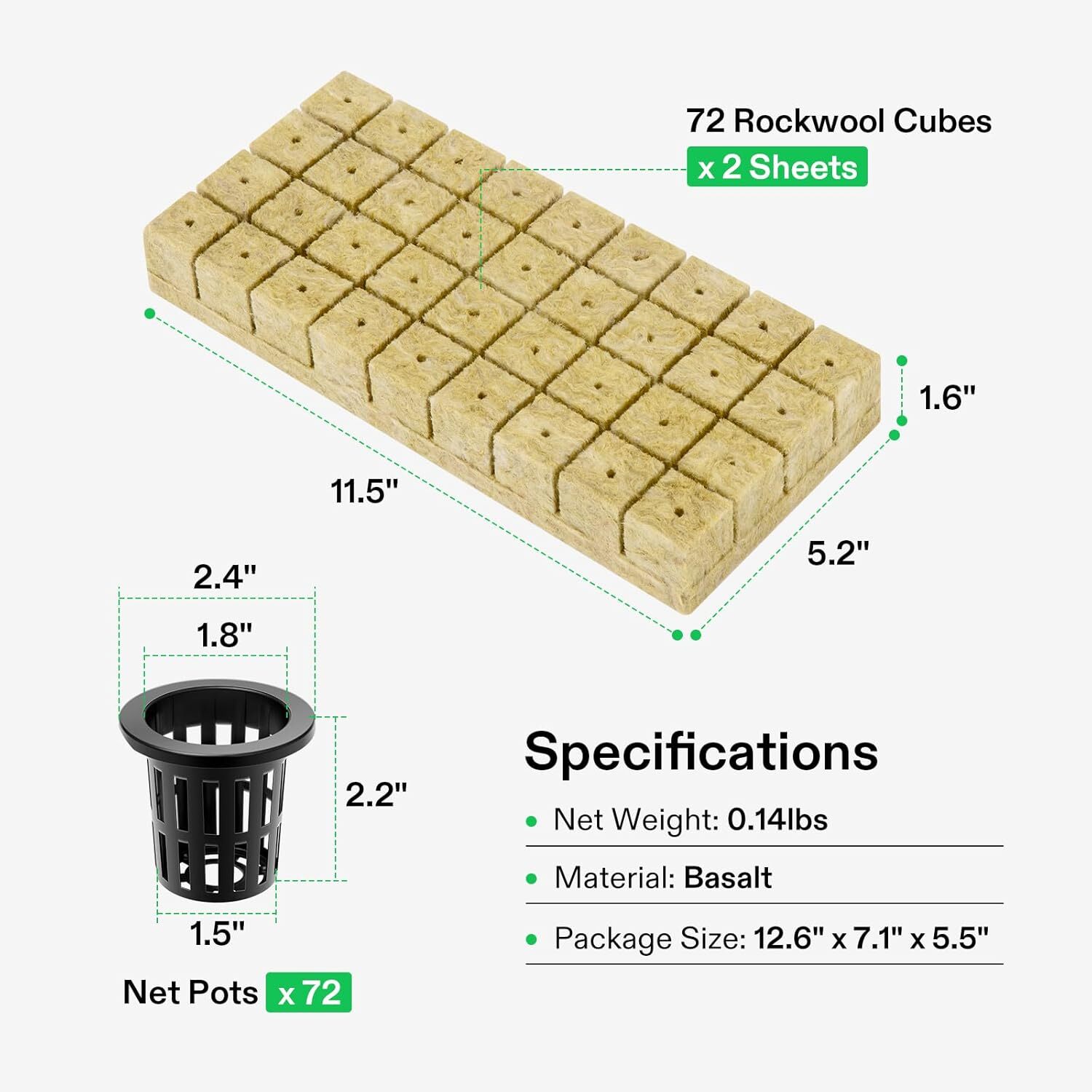 VIVOSUN 1" 72 Plugs Hydroponics Rockwool Cubes 72 Pack 2" Net Pots Grow Starter