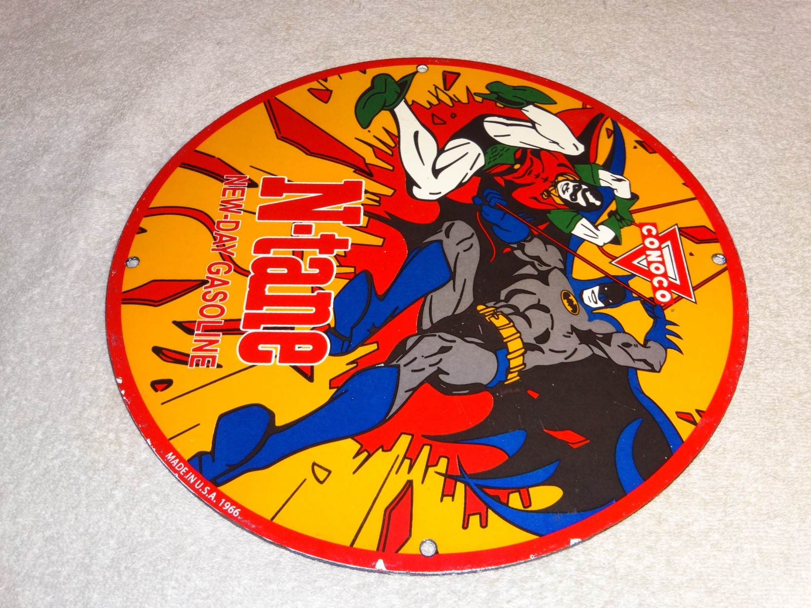 VINTAGE 1966 CONOCO GASOLINE W/ BATMAN & ROBIN 11 3/4" PORCELAIN METAL OIL SIGN!