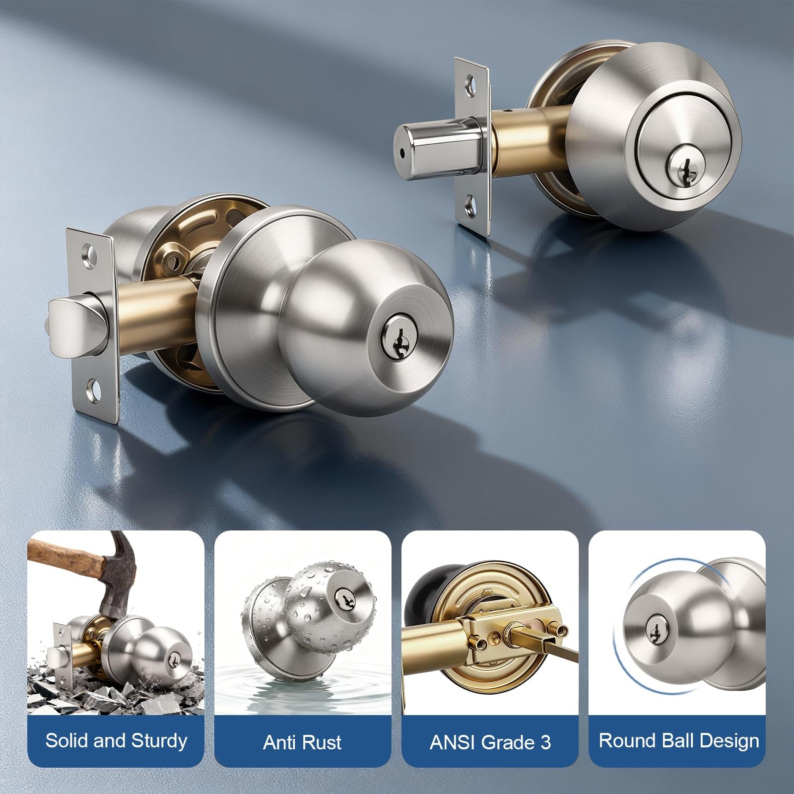 Knobonly Entry Door Knobs and Double Cylinder Deadbolt, Keyed Alike Door Handle