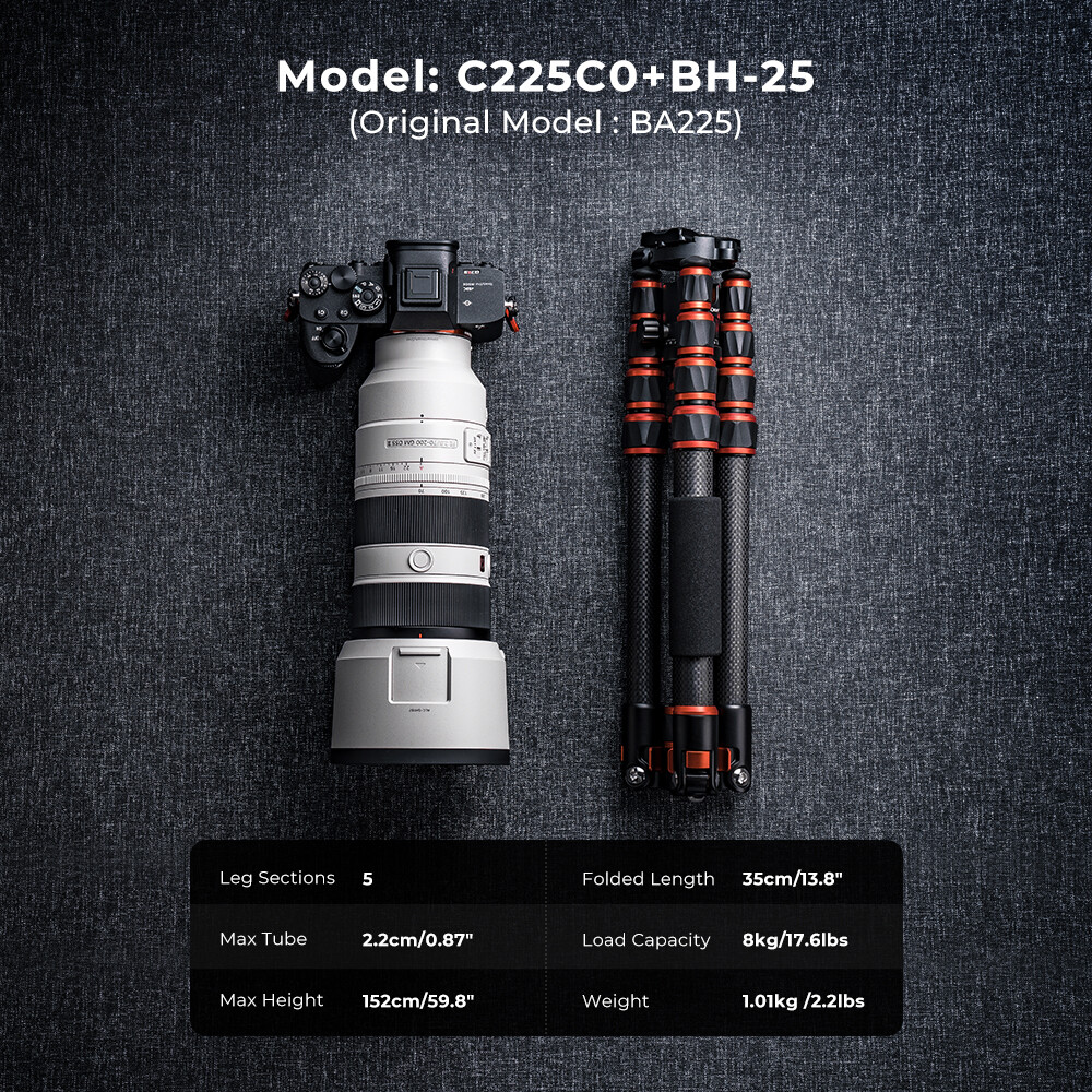 K&F Concept Carbon Fiber Camera Tripod with Metal Ball Head for DSLR Cameras