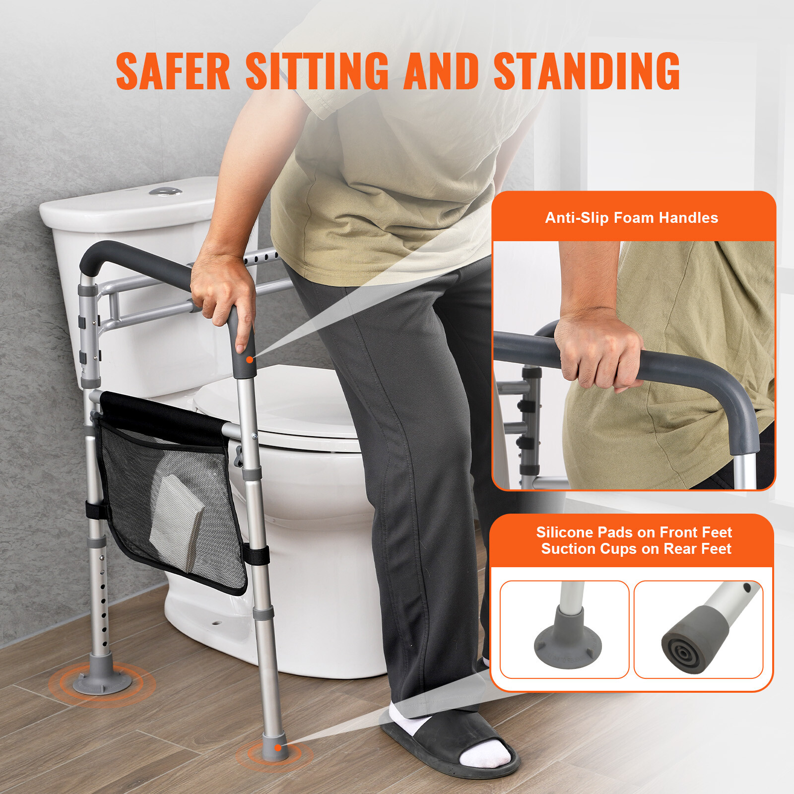 Foldable Toilet Safety Rail Toilet Rail with Non-Slip Handles for Seniors