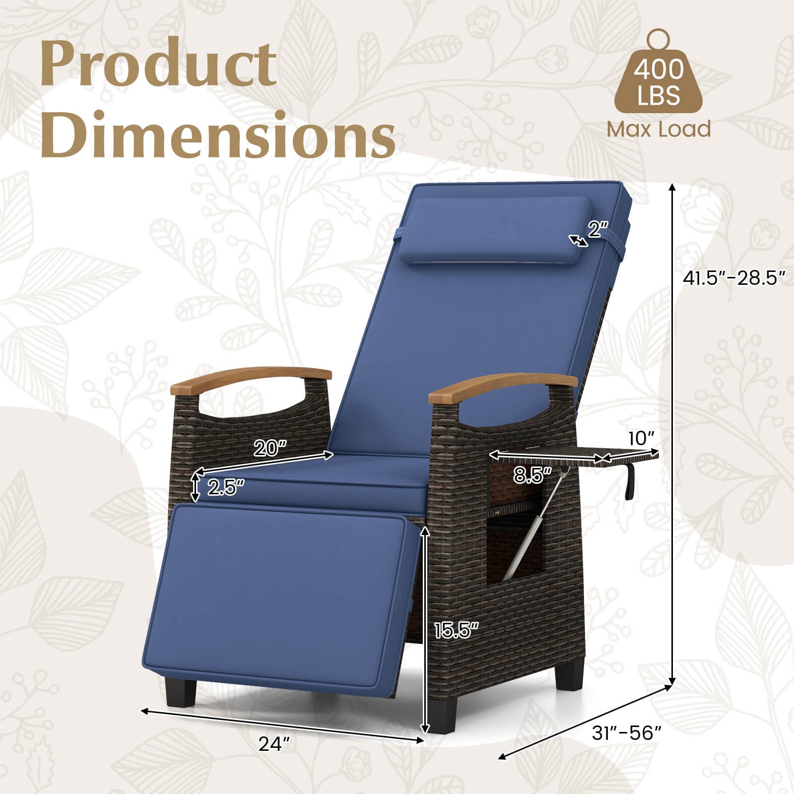 2PCS Patio Wicker Recliner Chair w/Adjustable Backrest Footrest Flip Side Table