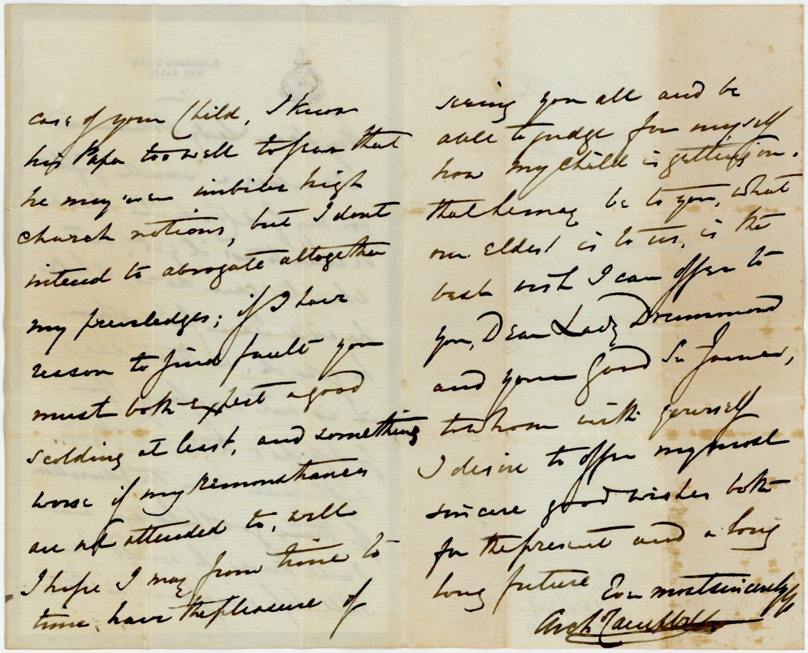 1857 LETTER BARON BLYTHSWOOD ARCHIBALD CAMPBELL MAYFAIR to LADY DRUMMOND