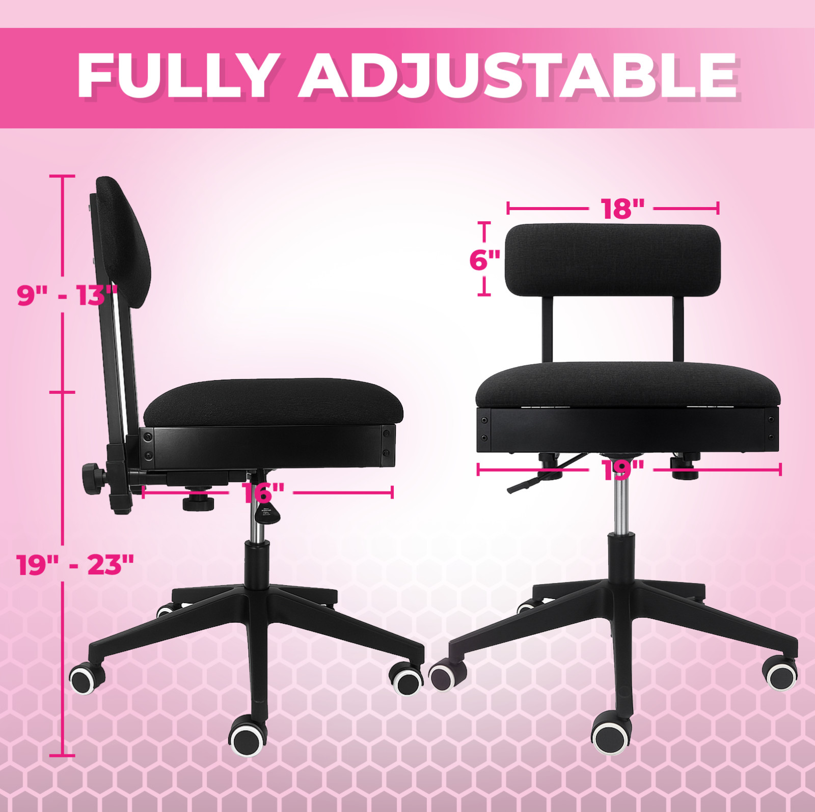 Black Sewing Chair w/ Wheels – Adjustable Ergonomic Craft Seat w/ Back Support