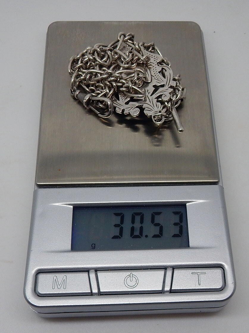 Antique English 30.5g Sterling Silver Double Albert Watch Chain with Fob