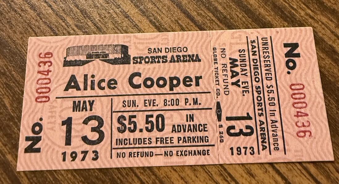 ALICE COOPER RARE UNUSED CONCERT TICKET SAN DIEGO, CA 05/13/1973