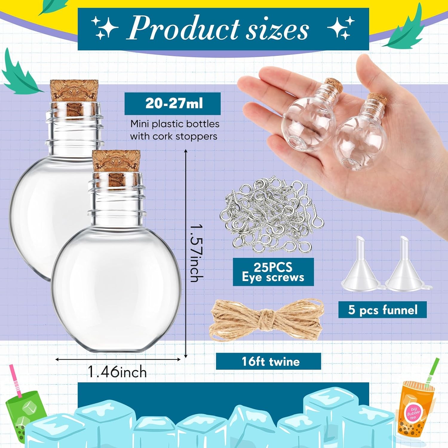 25 Pack 1oz Plastic Mini Potion Bottles with Corks Spherical Small
