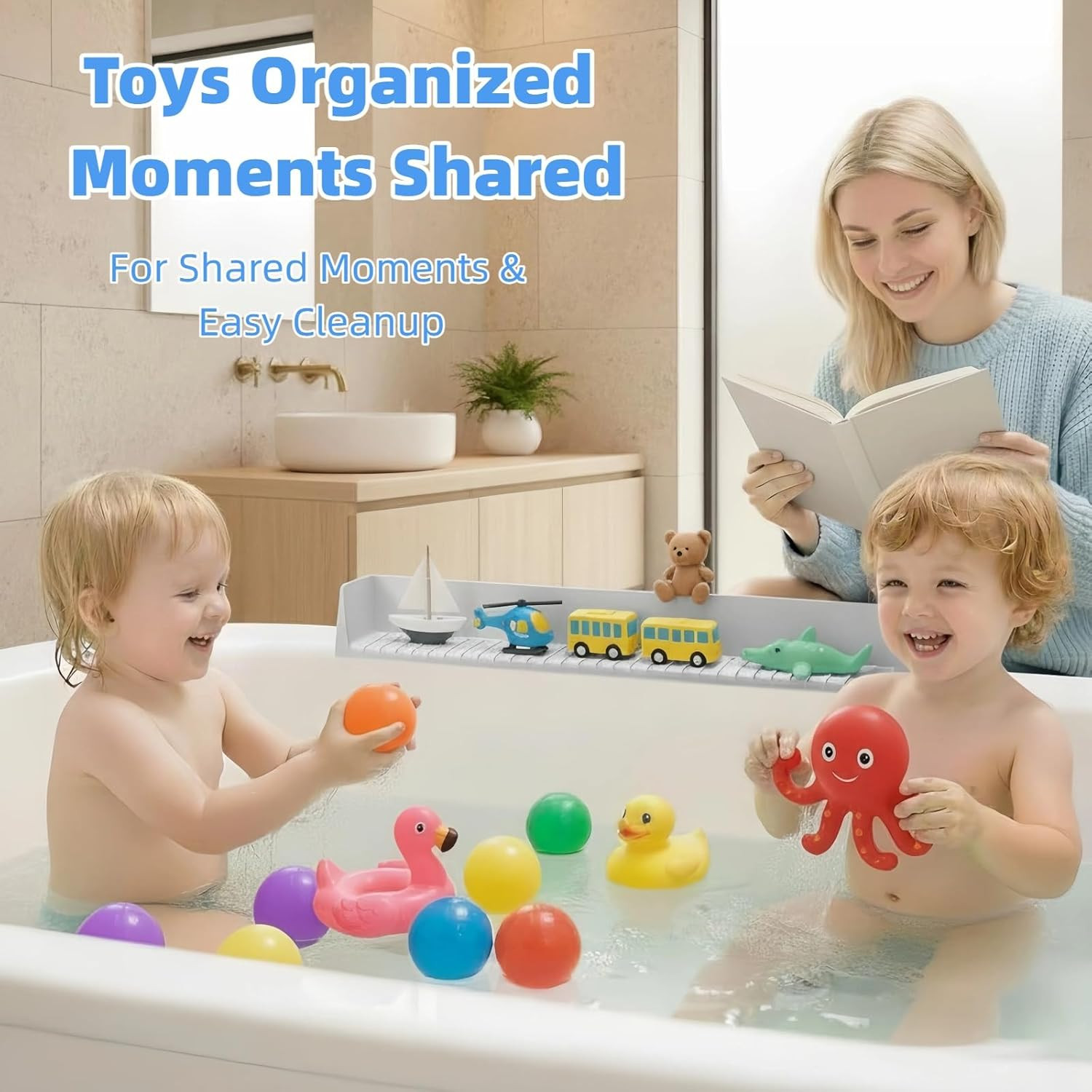 Bathtub Splash Guard with Suction Cups, Silicone Toy Tray for Kids (Grey)