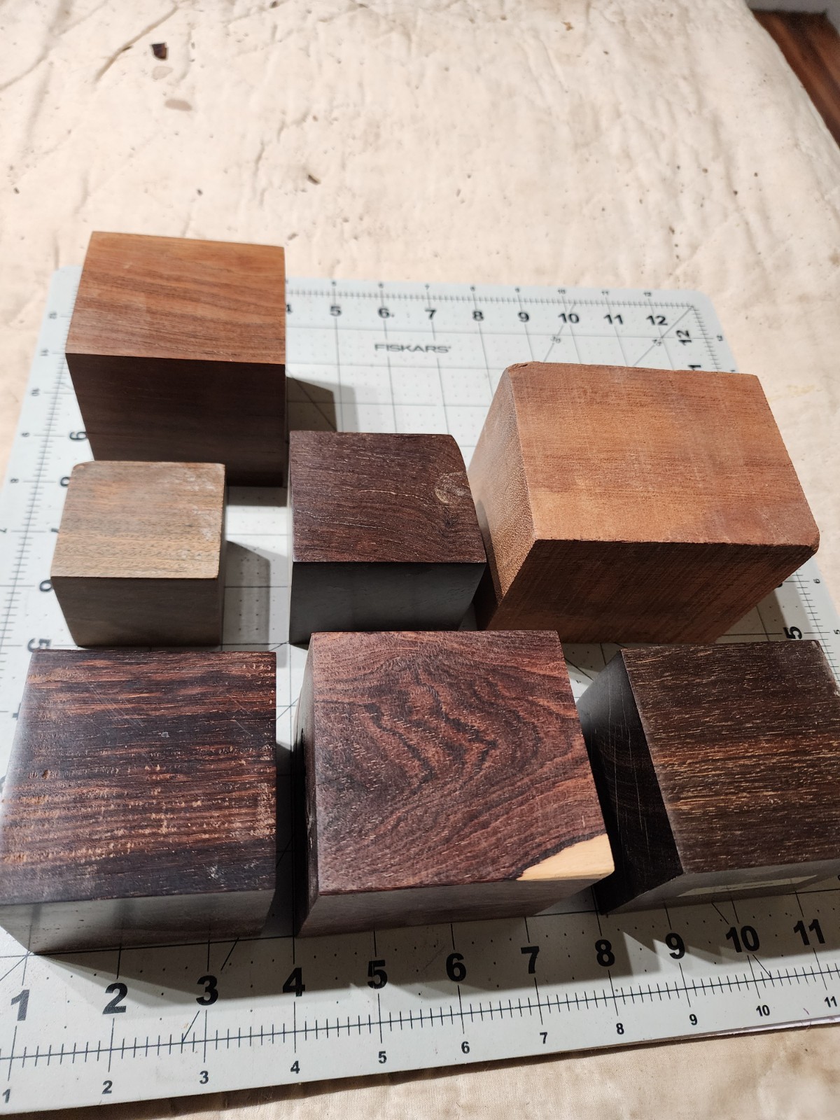 Seven Exotic Wood Cubes, 2 To 3" Square, For Turning Or Samples