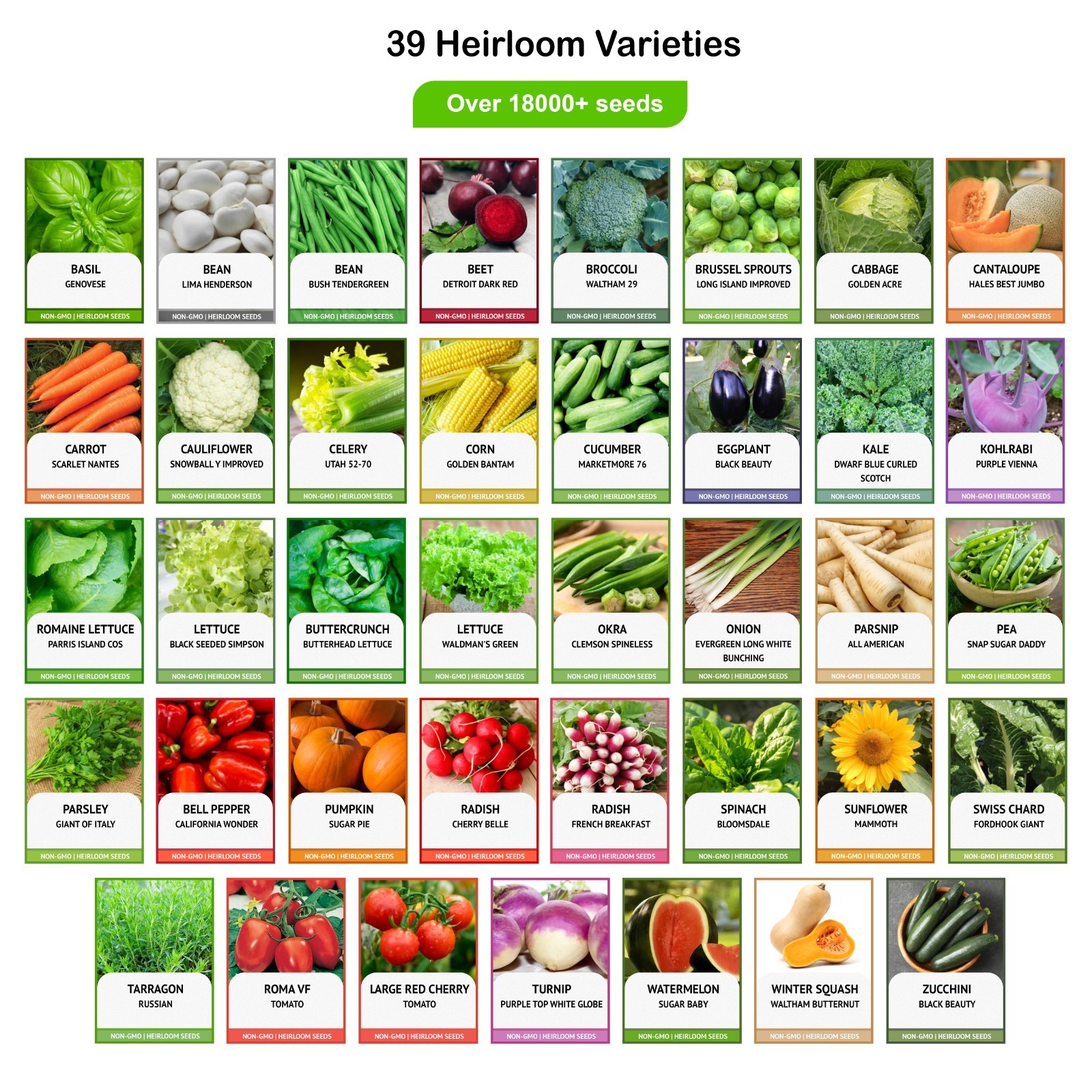 Heirloom Vegetable Seeds Survival Garden Kit - Over 18,000 Seeds, 39 Varieties