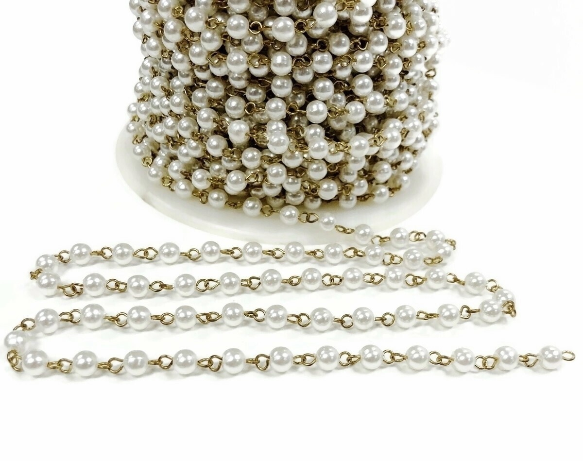 3 FEET VINTAGE HONG KONG WHITE PEARL 6mm BEADED BRASS ROSARY LINK CHAIN 1058-6mm