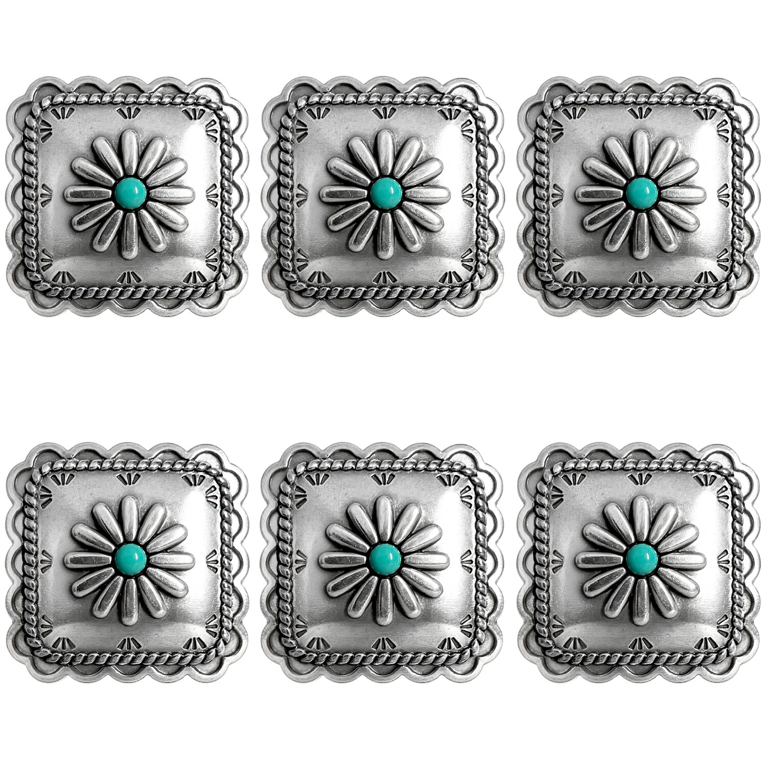 Set of 6 Square Conchos Southwestern Antique Silver Rope Edge Concho Screw Back
