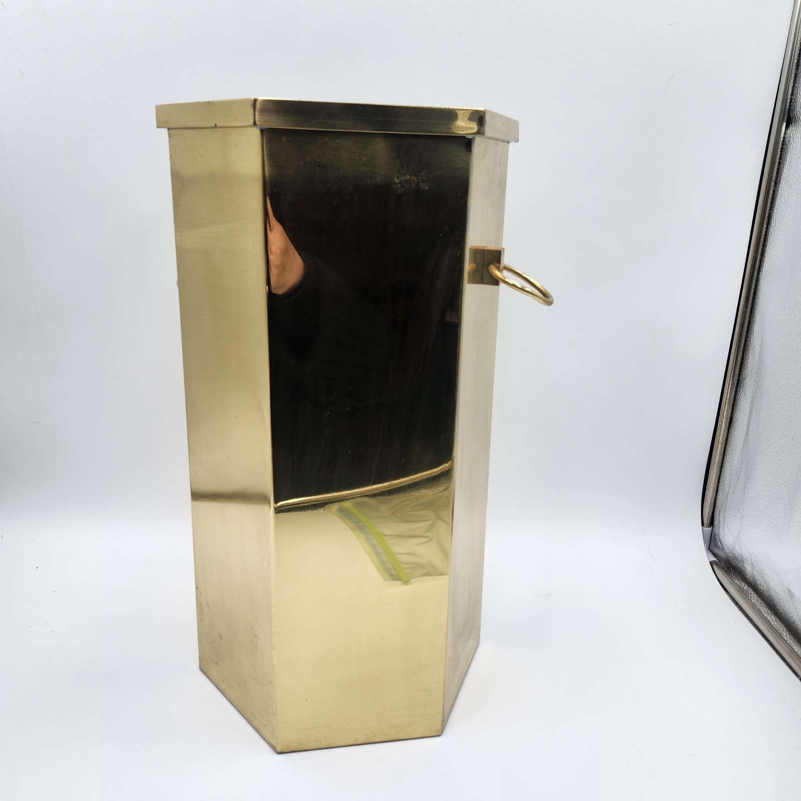 Vintage gold shiny brass Umbrella Stand 18" x 10" w/ Handles hexagon