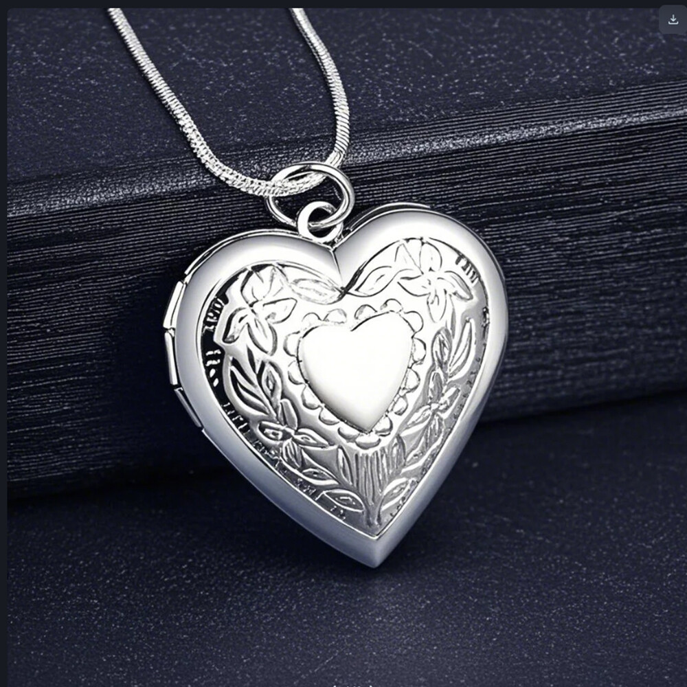 925 Sterling Silver Plated Heart Necklace, Locket Photo Picture Pendant 18" N1