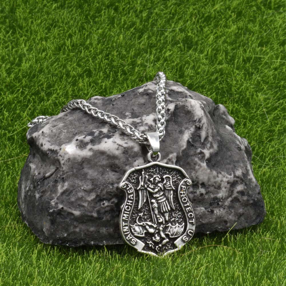 Archangel Saint St Michael Protect Us Medal Shield Pendant Necklace w 20" Chain