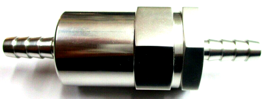 Fuel Filter, Billet inline cleanable element 3/8" Barb Show Polished Silver