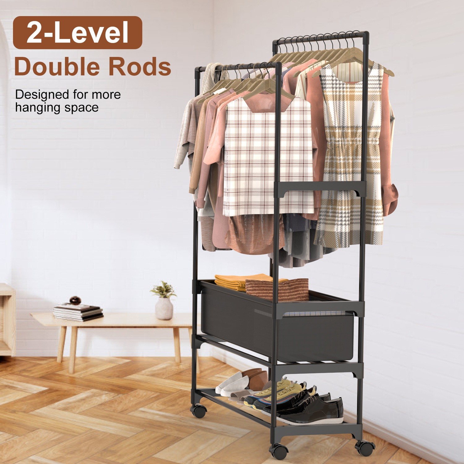 3-Tiered Garment Rack w/ Storage Bag Rolling Clothes Organizer Dual Rods Hanging
