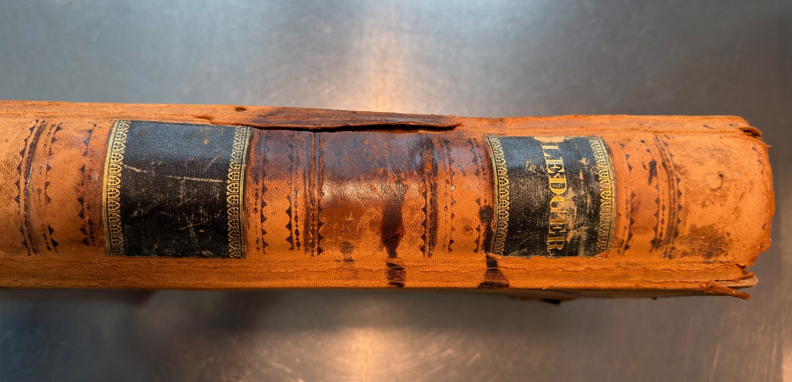 Large Newspaper Clipping Scrapbook NY/NJ 1920s-30s on 1840s Leatherbound Ledger