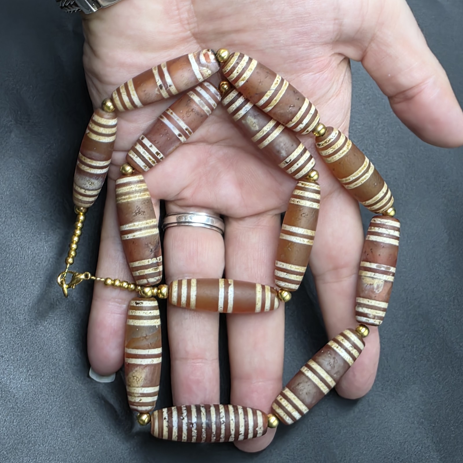 Antique Etched Carnelian Decorated Agate Beads Necklace.