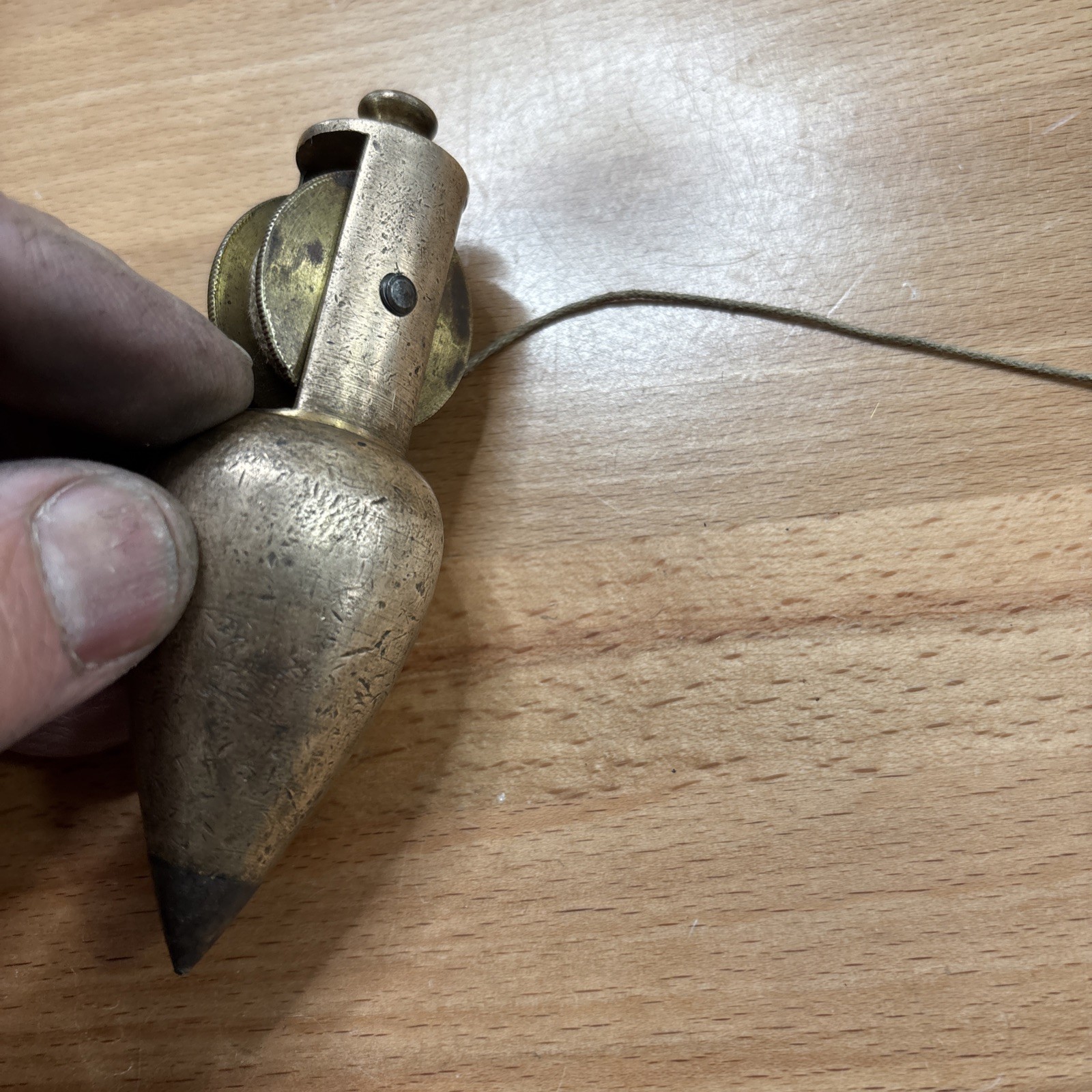 Vintage early Brass Plumb bob W / Integrated Reel Cord (Stanley?)