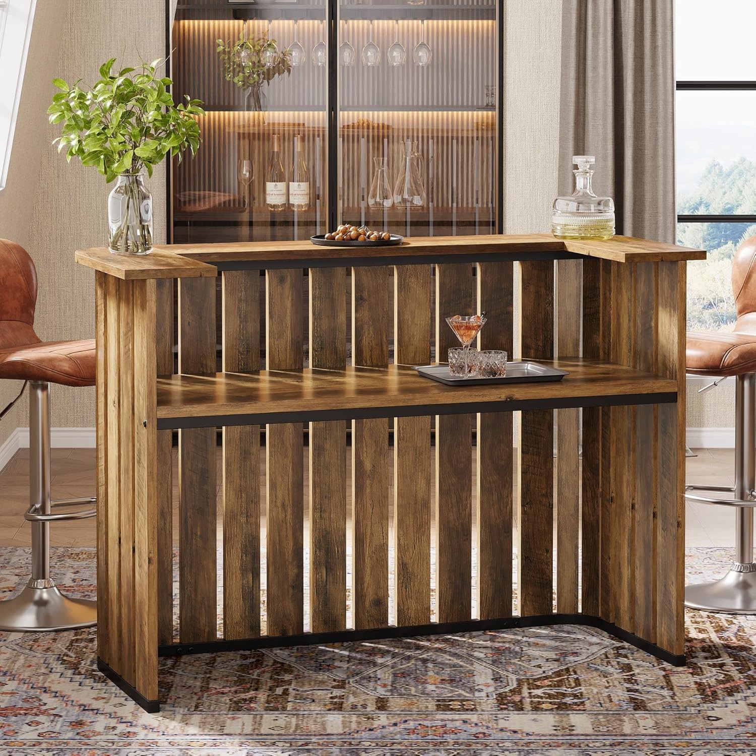 63'' Home Bar Unit, Farmhouse Liquor Bar Table with Storage Shelves, Bar Cabinet