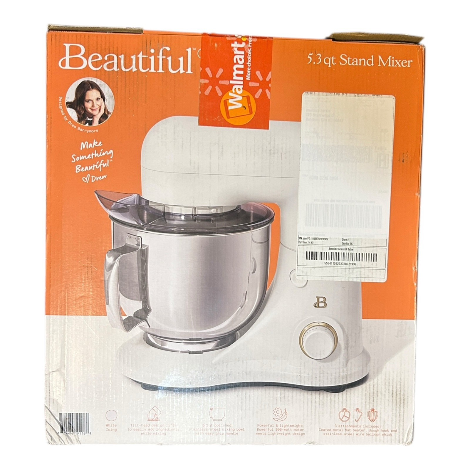 Beautiful 5.3 Qt Stand Mixer Drew Barrymore White w/ Stainless Steel  Bowl New