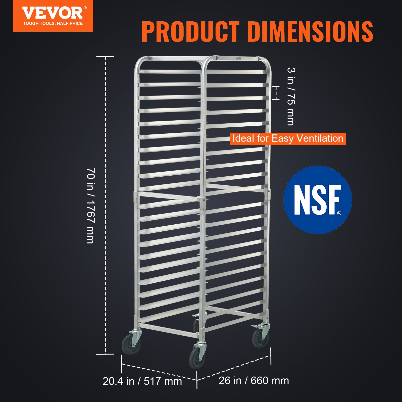 VEVOR 20 Sheet Commercial Bun Pan Rack Kitchen Aluminum Baking Racks Brake Wheel