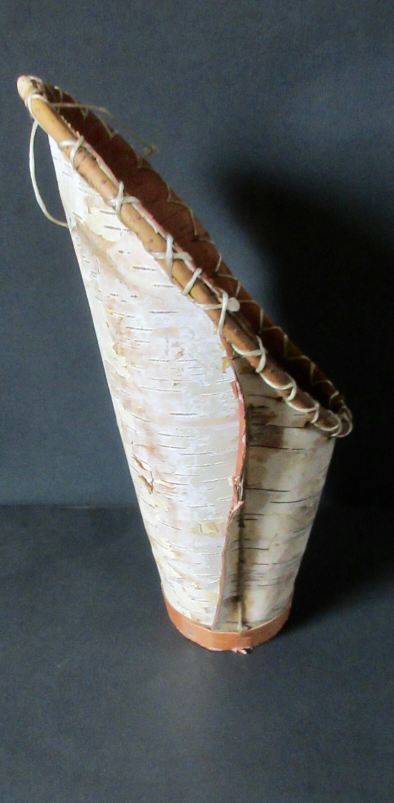 Cree Birch Bark Wall basket/pocket w/faux sinew rim wrap & hanger & twig rim