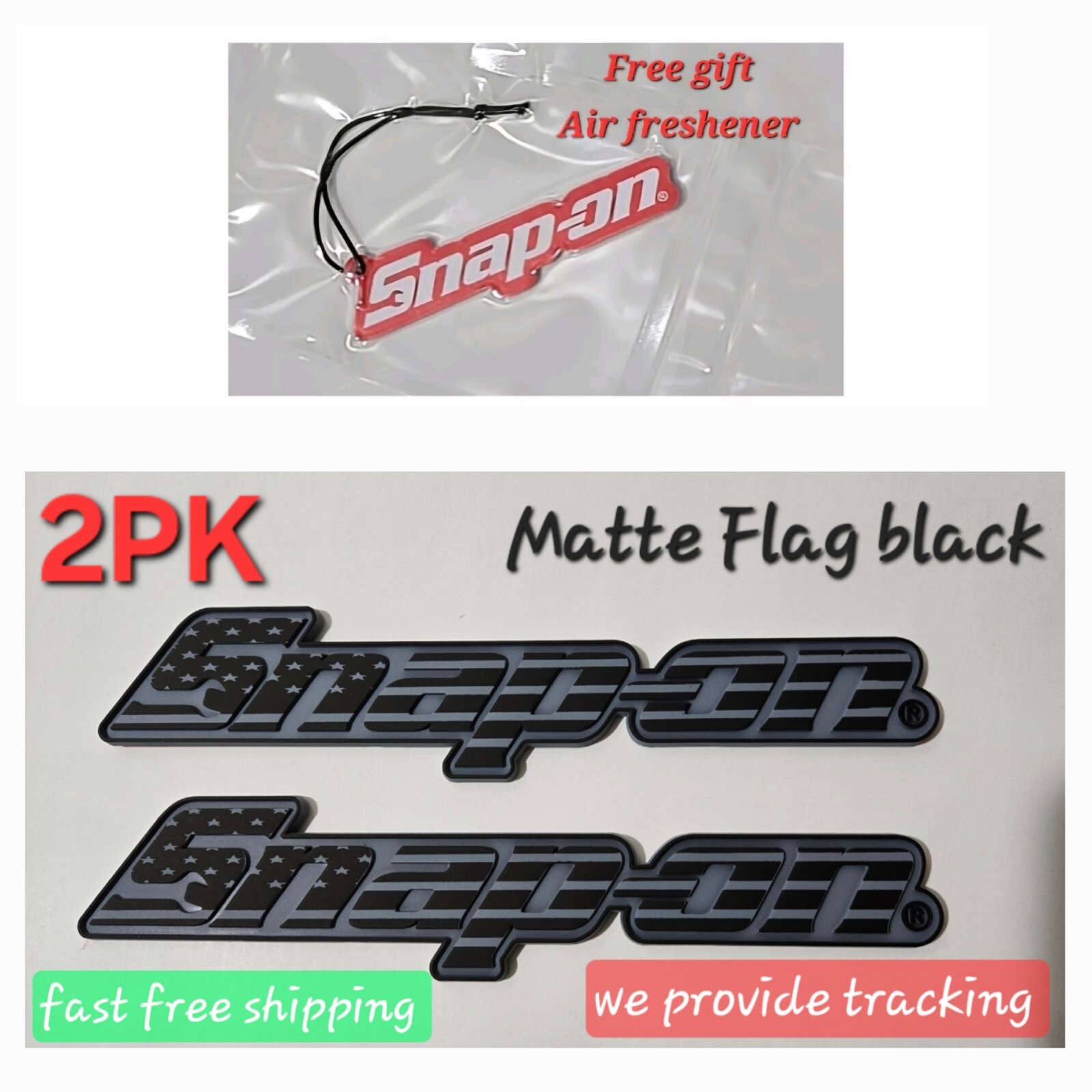 2PK SNAP ON TOOL BOX FLAG LOGO EMBLEM MATTE BLACK Plastic Badge Decal 8" + GIFT