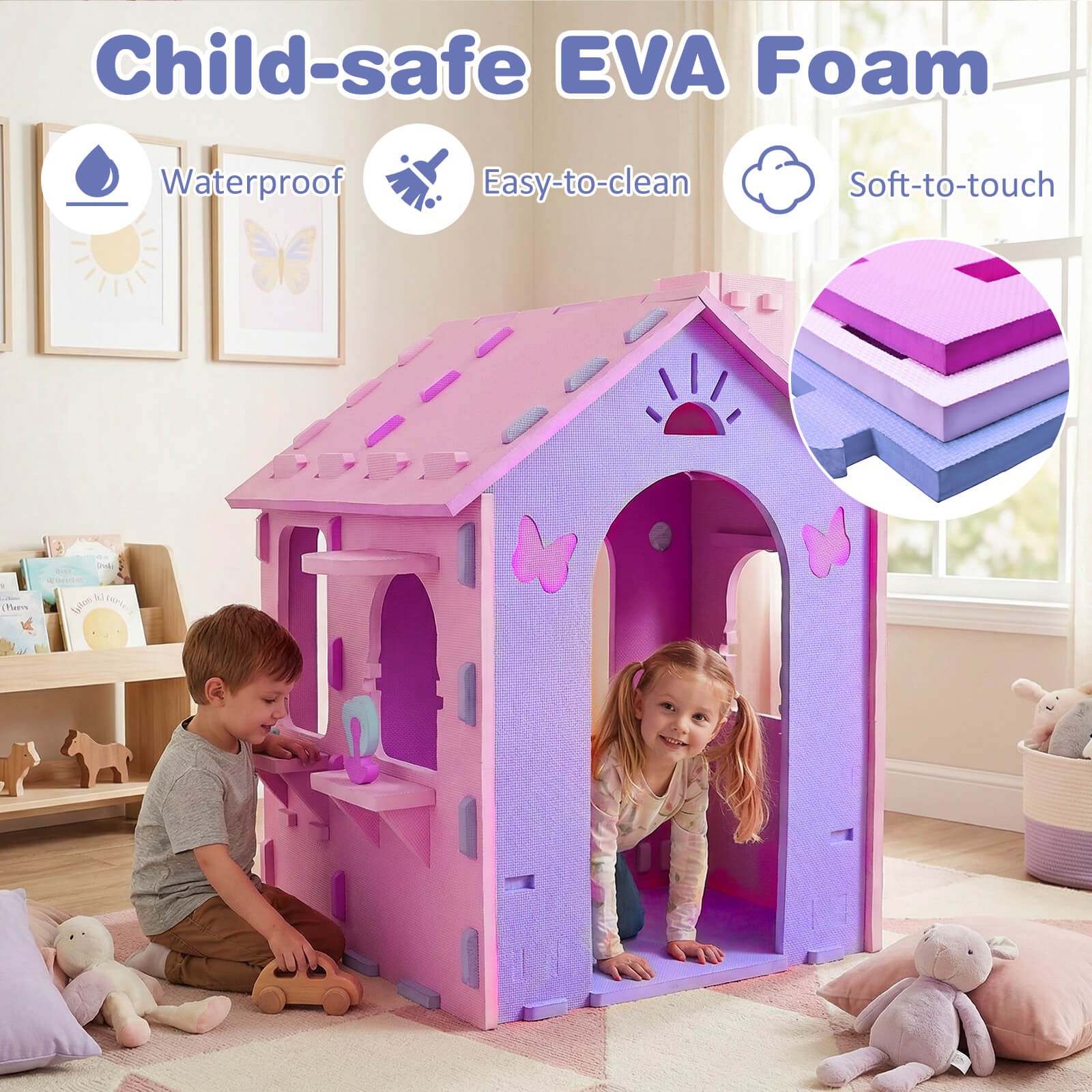 Kids EVA Foam Playhouse, Indoor Cottage Playset w/Roof Chimney Windows Doorways
