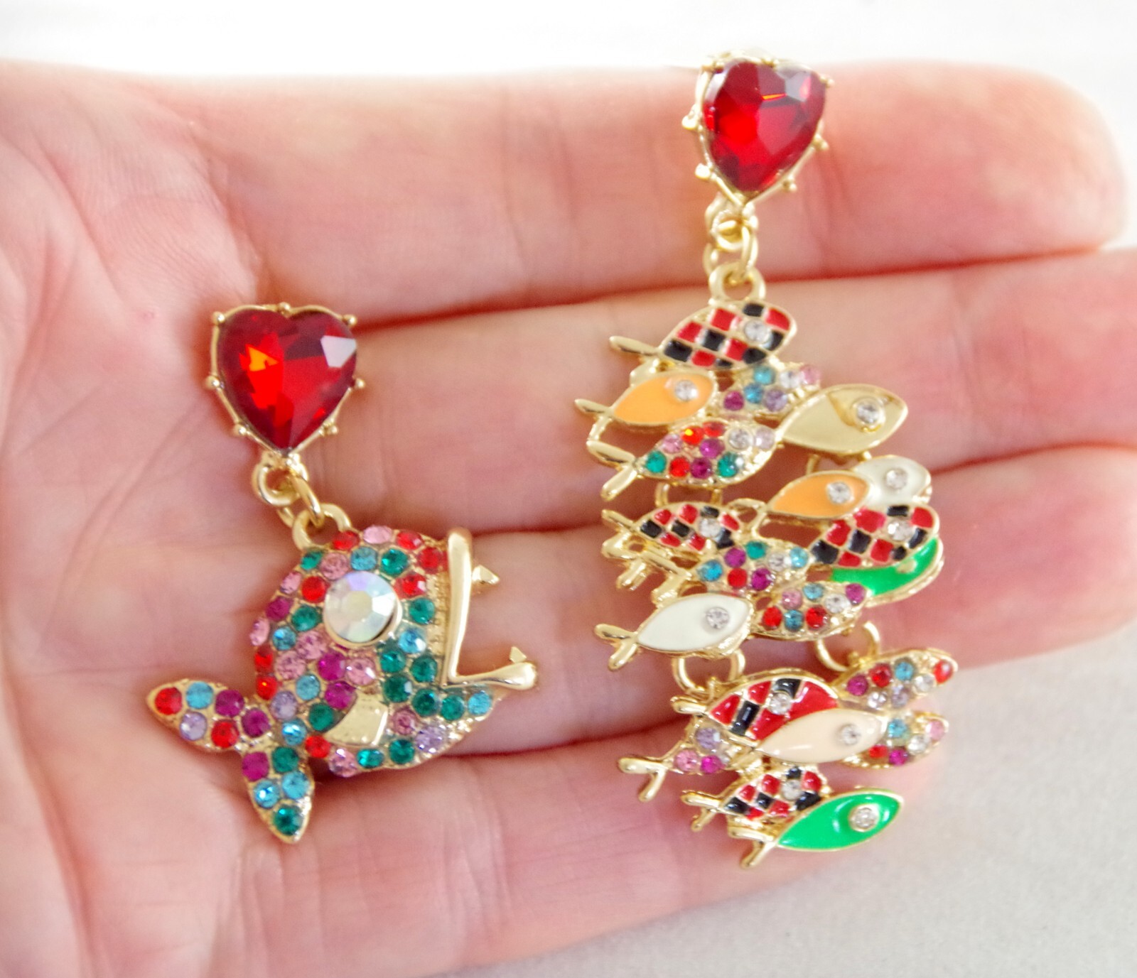 BETSEY JOHNSON ASYMMETRICAL PREDATOR/ SCHOOL OF FISH RHINESTONE DANGLE EARRINGS