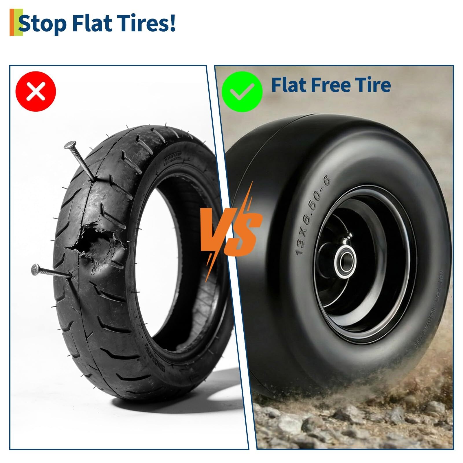 2 pack 13x6.50-6 Flat Free Tire Wheel Set w/ Bearing For Zero-Turn Lawn Mower